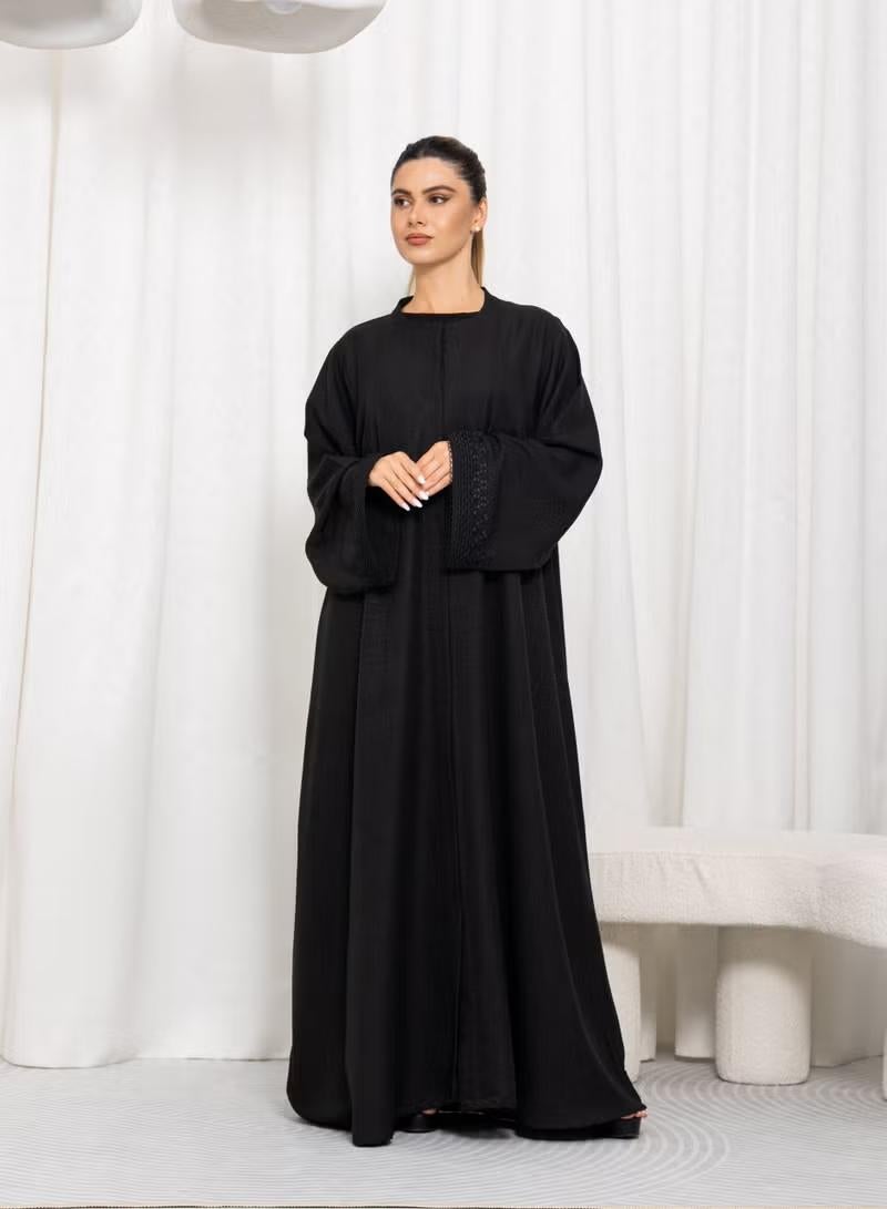 Nikias Black Hamriya Crepe Abaya with Lace on Sleeves - Image 1