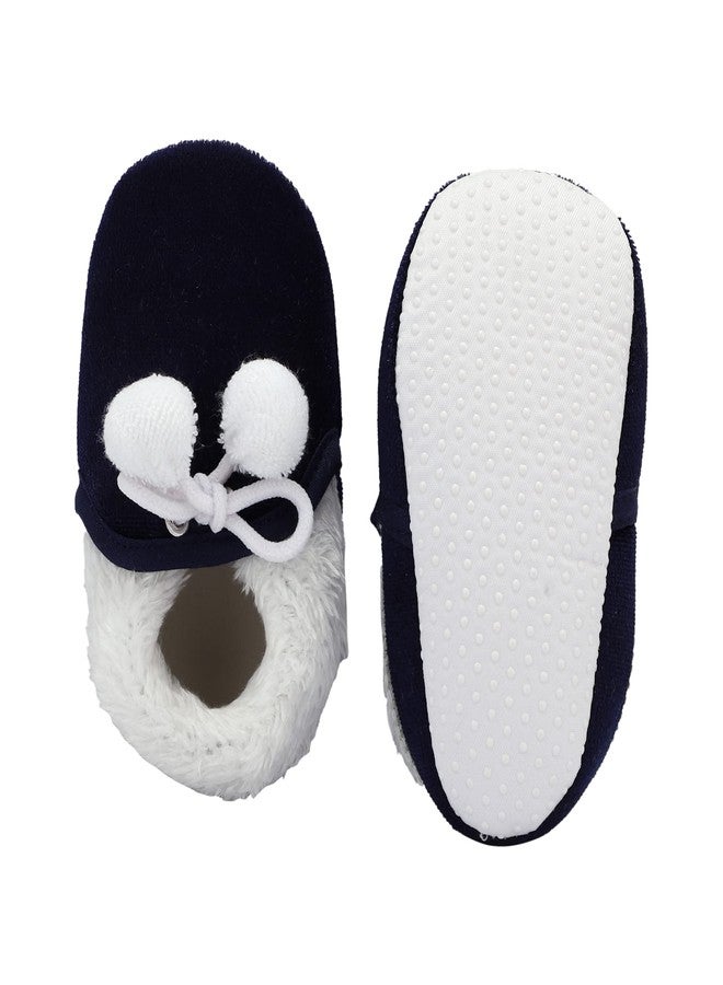 Coco Candy Unisex Kids Fur & Pom Pom New Born Infant Baby Shoes in Navy Blue Velvet - Navy Blue, 9 Months to 12 Months - Image 4
