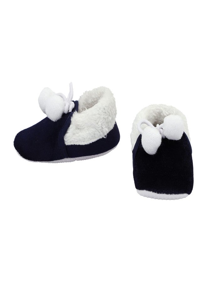 Coco Candy Unisex Kids Fur & Pom Pom New Born Infant Baby Shoes in Navy Blue Velvet - Navy Blue, 9 Months to 12 Months - Image 3