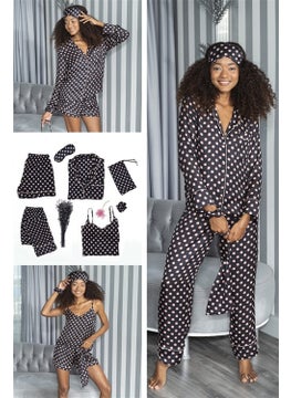 For You Moda Satin 7-Piece Gold Pointed Pajama Set S26781 - Black  - Image 1