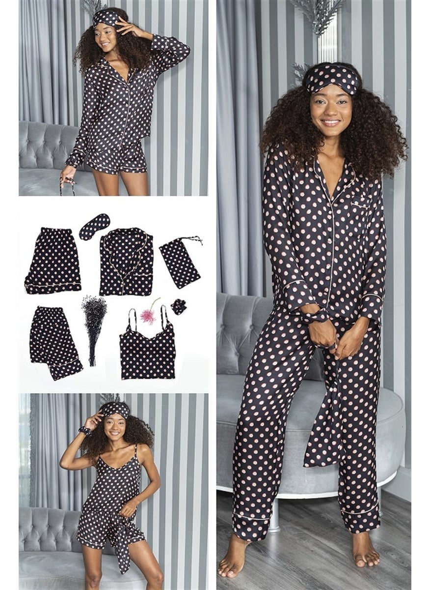 For You Moda Satin 7-Piece Gold Pointed Pajama Set S26781 - Black  - Image 1