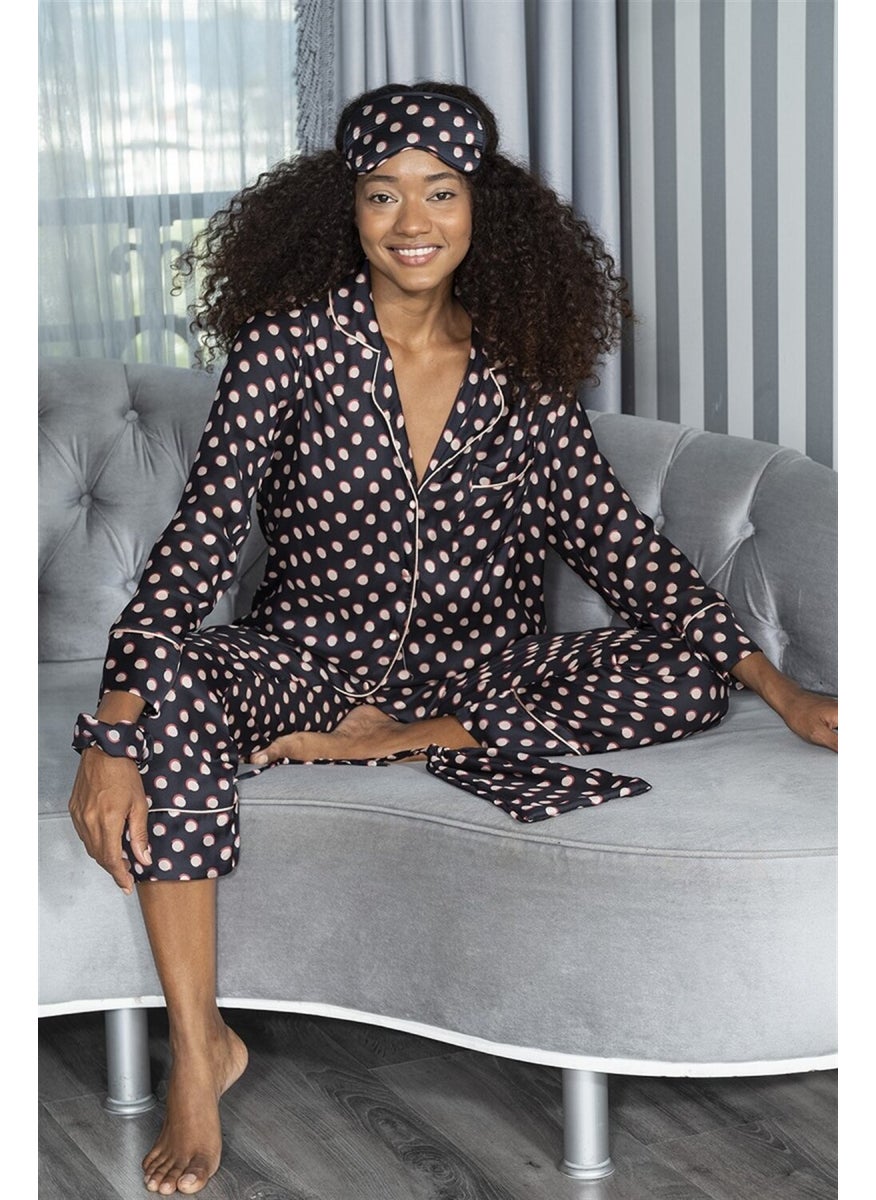 For You Moda Satin 7-Piece Gold Pointed Pajama Set S26781 - Black  - Image 4