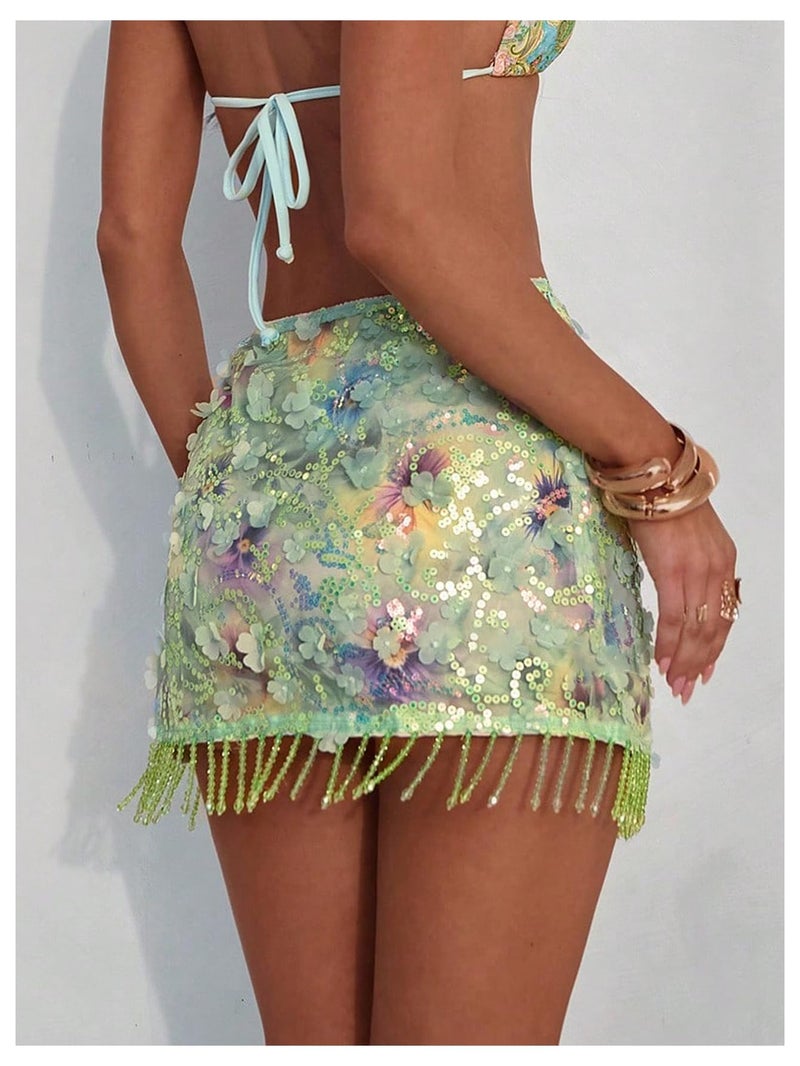 MakeMeChic Women's Sequin Mini Skirt Y2K Sparkly Micro Pencil Skirt Mint Green X-Small - Image 4