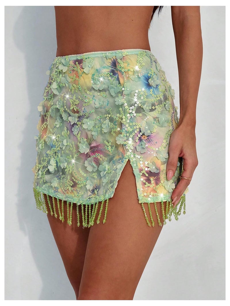 MakeMeChic Women's Sequin Mini Skirt Y2K Sparkly Micro Pencil Skirt Mint Green X-Small - Image 2