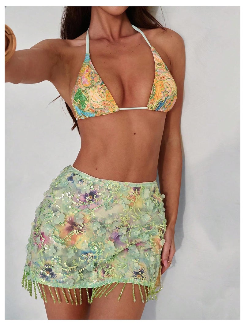 MakeMeChic Women's Sequin Mini Skirt Y2K Sparkly Micro Pencil Skirt Mint Green X-Small - Image 3