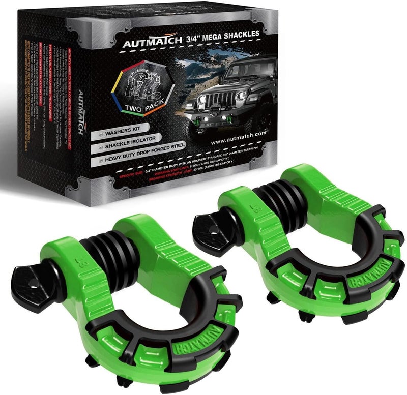 AUTMATCH D Ring Shackles 3/4" Mega Shackle (2 Pack) 68,000Ibs Break Strength - Heavy Duty Clevis Shackles with 7/8" Screw Pin and Isolator Washer for Tow Strap Winch Off Road Vehicle Recovery, Green - Image 1