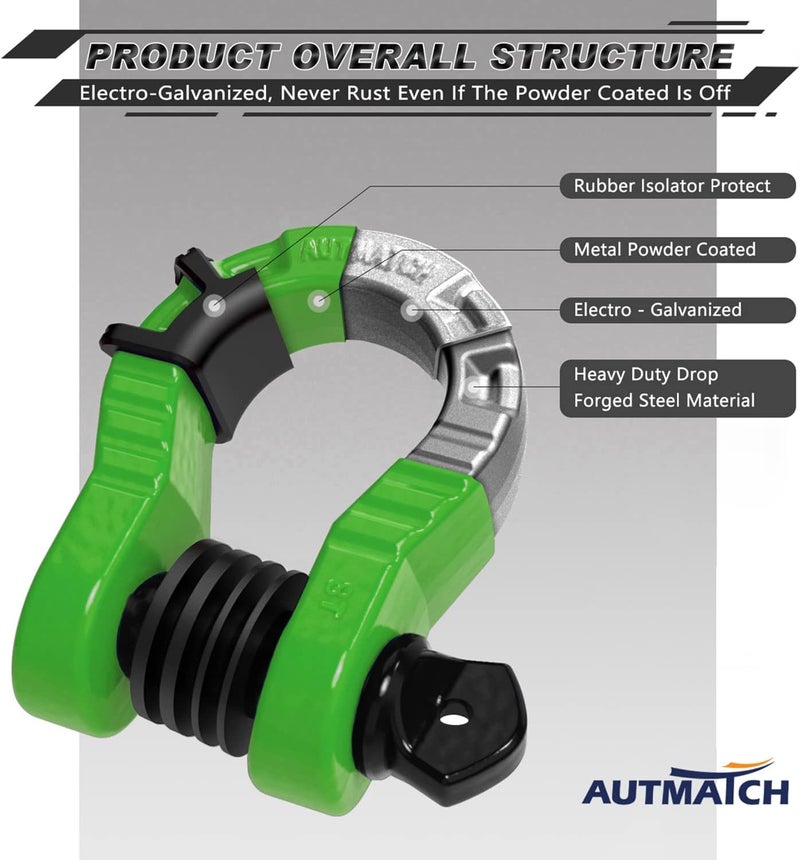 AUTMATCH D Ring Shackles 3/4" Mega Shackle (2 Pack) 68,000Ibs Break Strength - Heavy Duty Clevis Shackles with 7/8" Screw Pin and Isolator Washer for Tow Strap Winch Off Road Vehicle Recovery, Green - Image 4