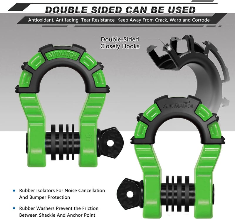 AUTMATCH D Ring Shackles 3/4" Mega Shackle (2 Pack) 68,000Ibs Break Strength - Heavy Duty Clevis Shackles with 7/8" Screw Pin and Isolator Washer for Tow Strap Winch Off Road Vehicle Recovery, Green - Image 2