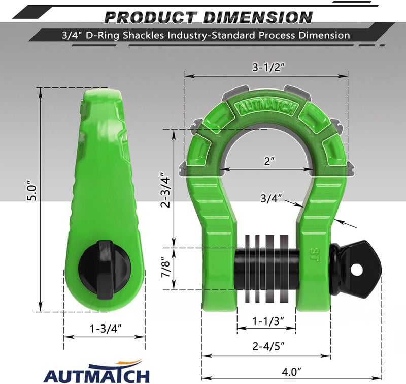 AUTMATCH D Ring Shackles 3/4" Mega Shackle (2 Pack) 68,000Ibs Break Strength - Heavy Duty Clevis Shackles with 7/8" Screw Pin and Isolator Washer for Tow Strap Winch Off Road Vehicle Recovery, Green - Image 3
