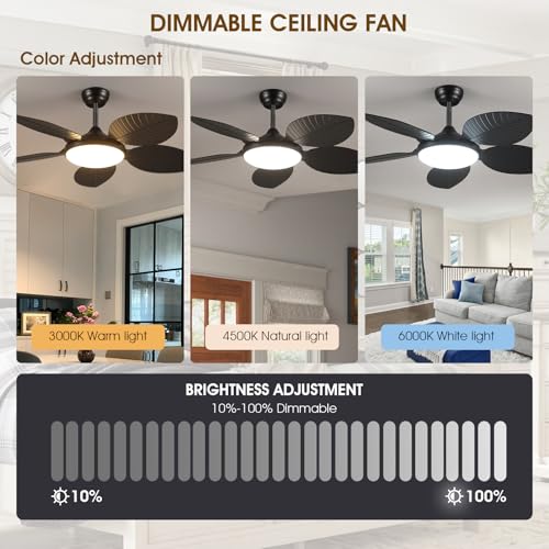 Wiviniya 48 Inch Tropical Ceiling Fans with Lights, Palm Leaf Outdoor Ceiling Fan with Light for Patios Porch Bedroom Living Room, Remote/APP Control, Reversible Quiet DC Motor, Dimmable LED, Black - Image 4
