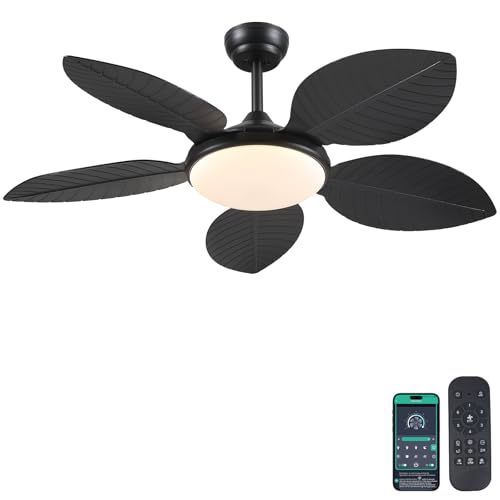 Wiviniya 48 Inch Tropical Ceiling Fans with Lights, Palm Leaf Outdoor Ceiling Fan with Light for Patios Porch Bedroom Living Room, Remote/APP Control, Reversible Quiet DC Motor, Dimmable LED, Black - Image 1