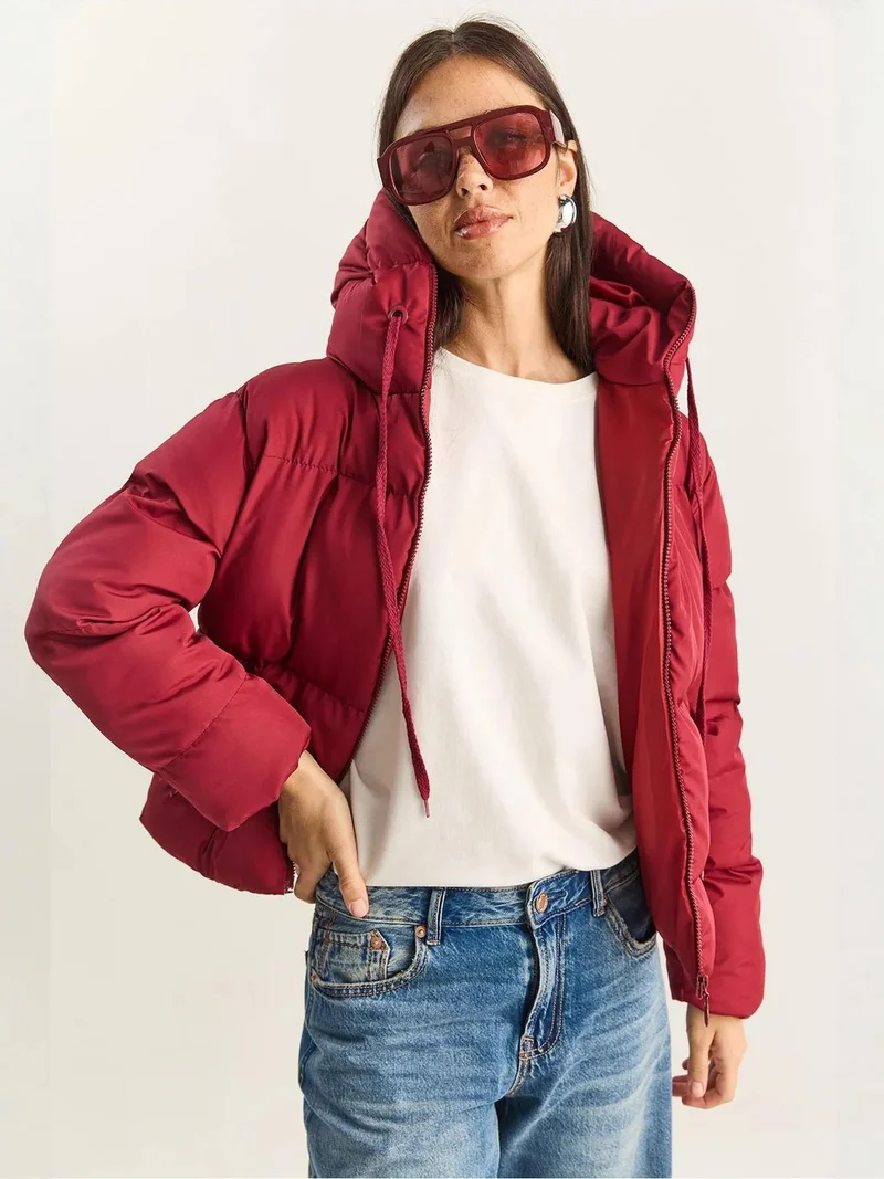 Bianco Lucci Burgundy Red LUCCI Hooded Puffer Coat for Women | Best Price UAE