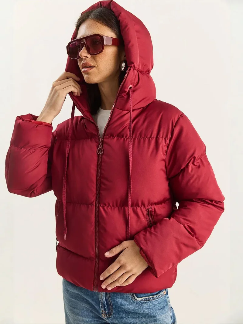 Bianco Lucci Burgundy Red LUCCI Hooded Puffer Coat for Women | Best Price UAE