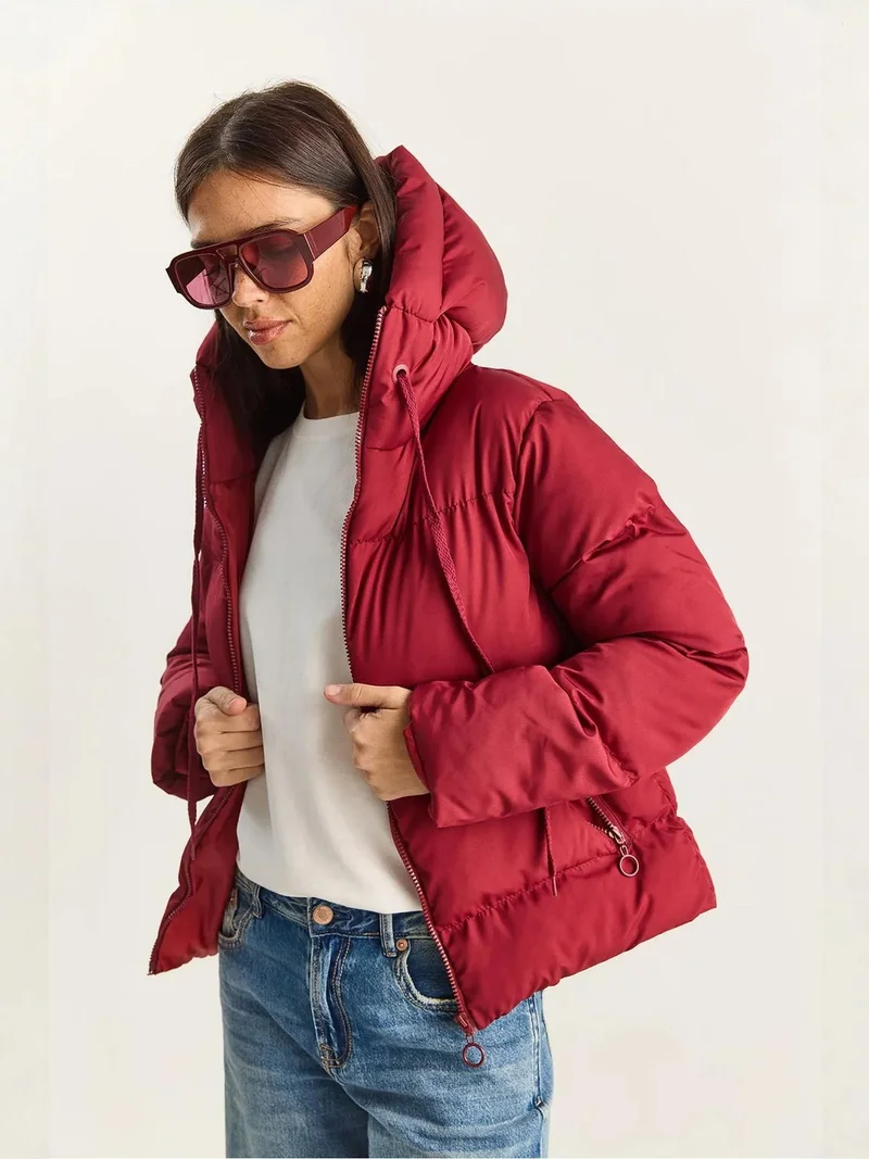 Bianco Lucci Burgundy Red LUCCI Hooded Puffer Coat for Women | Best Price UAE