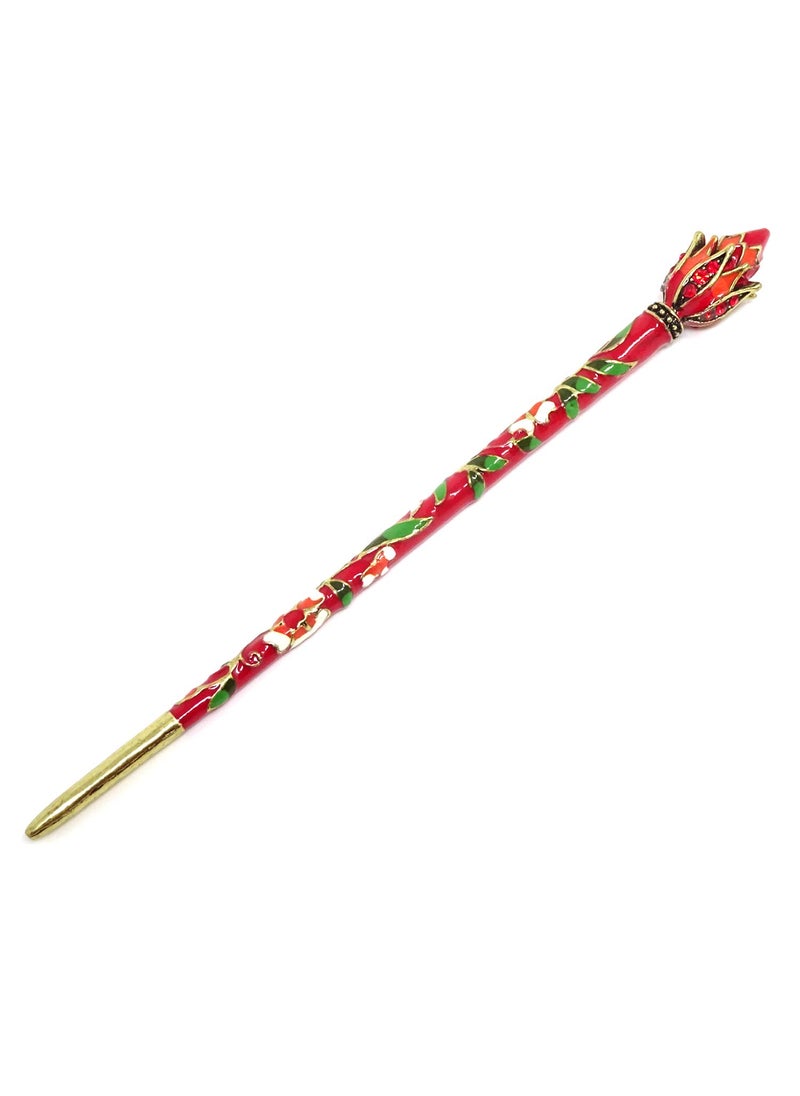 HONBAY - Honbay Cloisonn Vintage Hair Stick With Lotus Chinese Traditional Style Fashion Hair Chopsticks Hairpin Red - Image 1