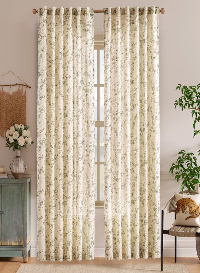 Lazzzy Green Floral Curtains 84 Inch Length Linen Farmhouse Back Tab Drapes for Living Room Bedroom Light Filtering Vintage Rod Pocket, 2 Panels, Green on Beige - Image 2