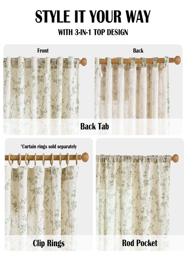 Lazzzy Green Floral Curtains 84 Inch Length Linen Farmhouse Back Tab Drapes for Living Room Bedroom Light Filtering Vintage Rod Pocket, 2 Panels, Green on Beige - Image 5