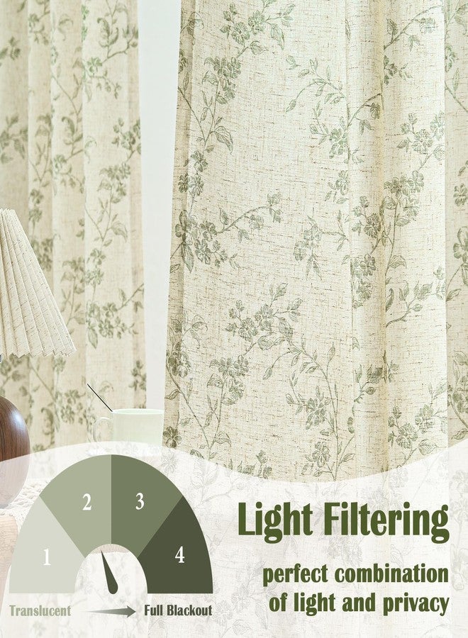 Lazzzy Green Floral Curtains 84 Inch Length Linen Farmhouse Back Tab Drapes for Living Room Bedroom Light Filtering Vintage Rod Pocket, 2 Panels, Green on Beige - Image 3