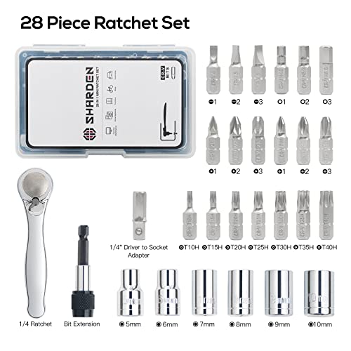 Sharden 1/4 Mini Ratchet Set 28pcs Right Angle Screwdriver and Bit with Metric Socket Set, 72 Tooth Small Ratcheting Wrench Offset Screwdriver Low Profile Stubby Ratchet for Tight Spaces - Image 4