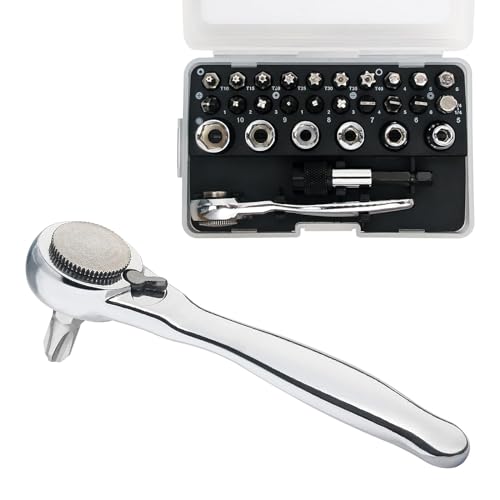 Sharden 1/4 Mini Ratchet Set 28pcs Right Angle Screwdriver and Bit with Metric Socket Set, 72 Tooth Small Ratcheting Wrench Offset Screwdriver Low Profile Stubby Ratchet for Tight Spaces - Image 1