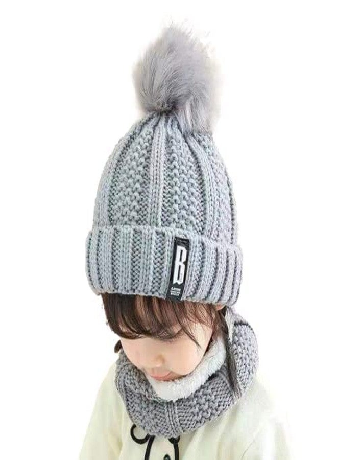 Krystle Stylish Kids Girl's/Boy's (>12 Years) Winter Woolen Warm and Snow Proof Soft Beanie Cap/Hat (Pompom) and Scarf Set (Fur Inside) Pack of 1 (Grey) - Image 1