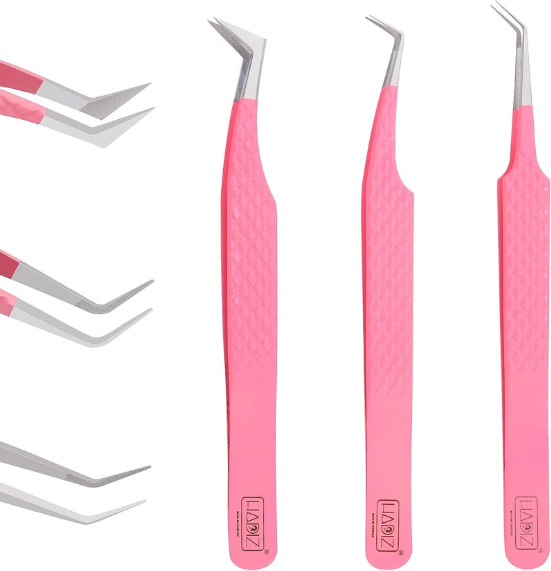 Hadiz Fiber Tip Volume Lash Tweezers Eyelash Extensions Volume Mega Volume 45 and 90 Degree TweezersPack of 3 PINK