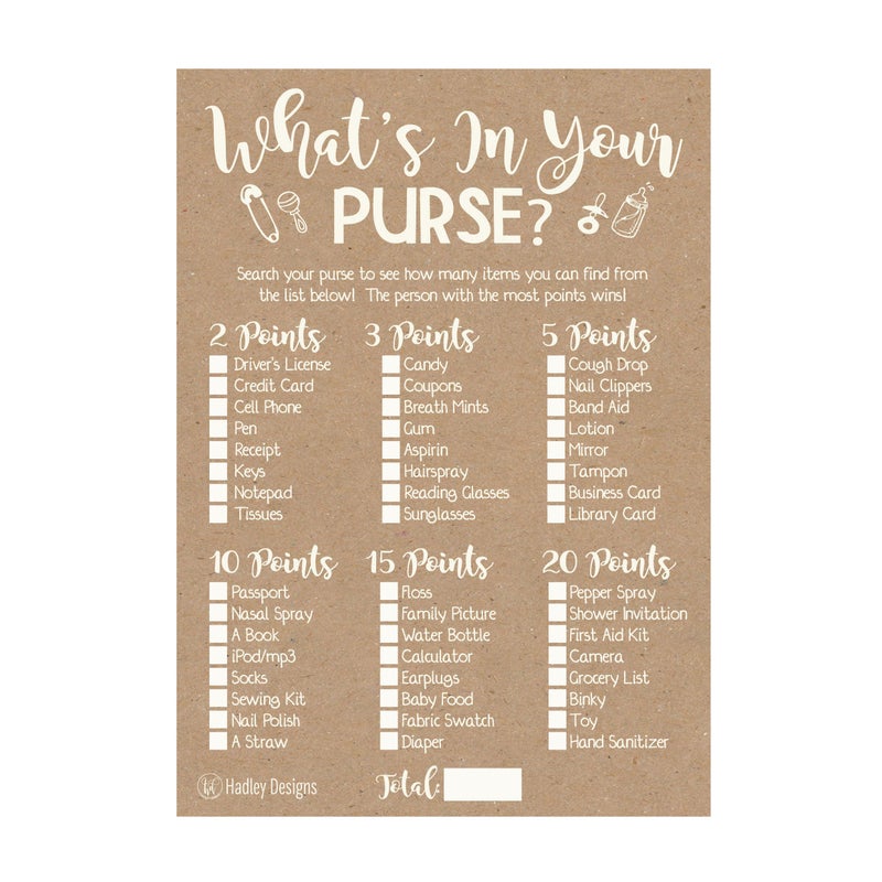 Hadley Designs Baby Shower Games for 25 Guests - Kraft Whats in Your Purse Baby Shower Game, Babyshower Games Boy Girl Gender Neutral, What's in Your Purse Gender Reveal Game, Made in USA - Image 1