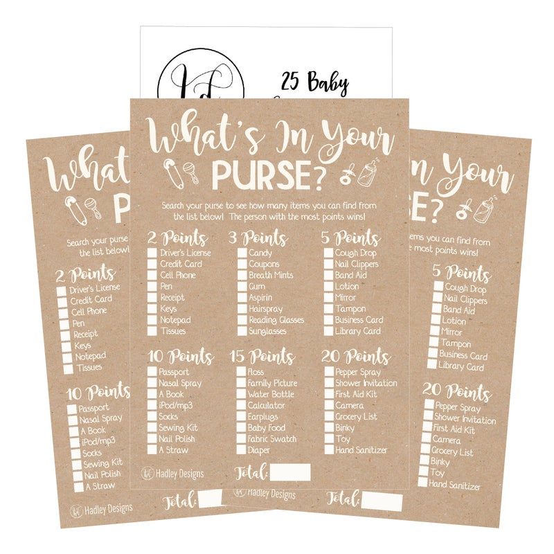 Hadley Designs Baby Shower Games for 25 Guests - Kraft Whats in Your Purse Baby Shower Game, Babyshower Games Boy Girl Gender Neutral, What's in Your Purse Gender Reveal Game, Made in USA - Image 4