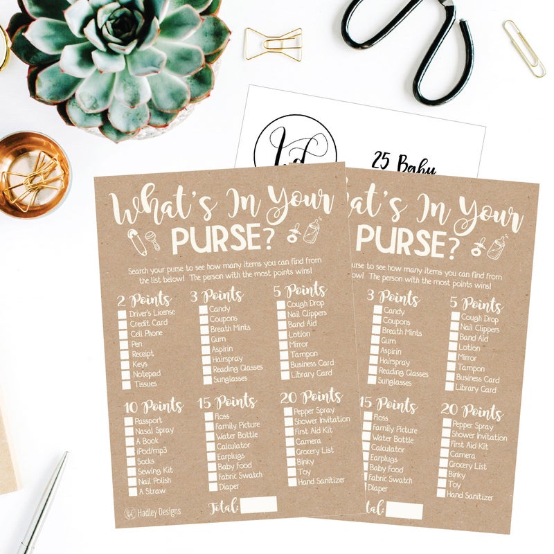 Hadley Designs Baby Shower Games for 25 Guests - Kraft Whats in Your Purse Baby Shower Game, Babyshower Games Boy Girl Gender Neutral, What's in Your Purse Gender Reveal Game, Made in USA - Image 3