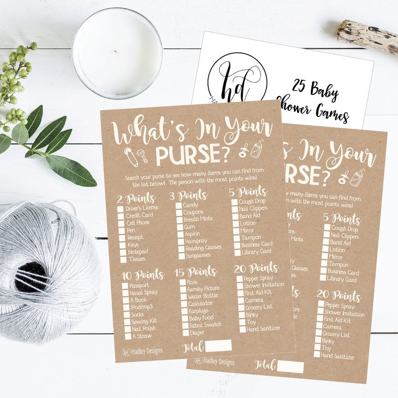Hadley Designs Baby Shower Games for 25 Guests - Kraft Whats in Your Purse Baby Shower Game, Babyshower Games Boy Girl Gender Neutral, What's in Your Purse Gender Reveal Game, Made in USA - Image 2