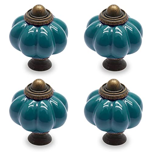 Seimneire 4pcs Teal Pumpkin Knobs, Vintage Ceramic Cabinet Handles, Dresser Drawer Door Pulls With Mounting Screws - Image 1