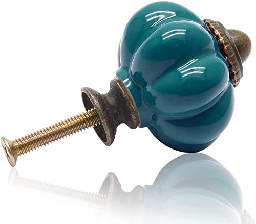 Seimneire 4pcs Teal Pumpkin Knobs, Vintage Ceramic Cabinet Handles, Dresser Drawer Door Pulls With Mounting Screws - Image 3