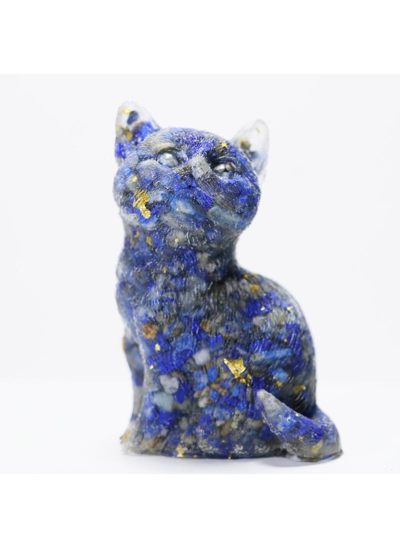 Y&D Natural Crystal Gravel Cute Kitten Lucky Cat Animal Ornaments Desk Decorations-Lapis Lapis Gold Foil 