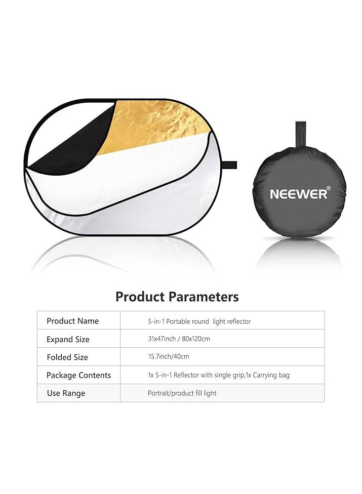 Neewer 5-in-1 Reflector 80x120cm – Oval Collapsible Multi-Disc Light Modifier multicolour - Image 2