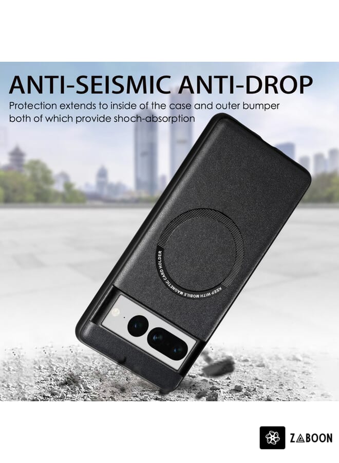 زبون غطاء حماية لهاتف جوجل بيكسل 7 برو، مصنوع من الجلد بلون موحد مع خاصية ماج سيف. - Image 3