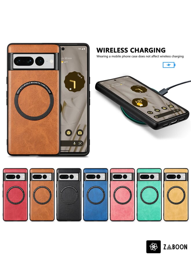 زبون غطاء حماية لهاتف جوجل بيكسل 7 برو، مصنوع من الجلد بلون موحد مع خاصية ماج سيف. - Image 2