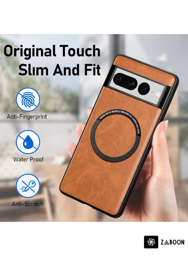 زبون غطاء حماية لهاتف جوجل بيكسل 7 برو، مصنوع من الجلد بلون موحد مع خاصية ماج سيف. - Image 4