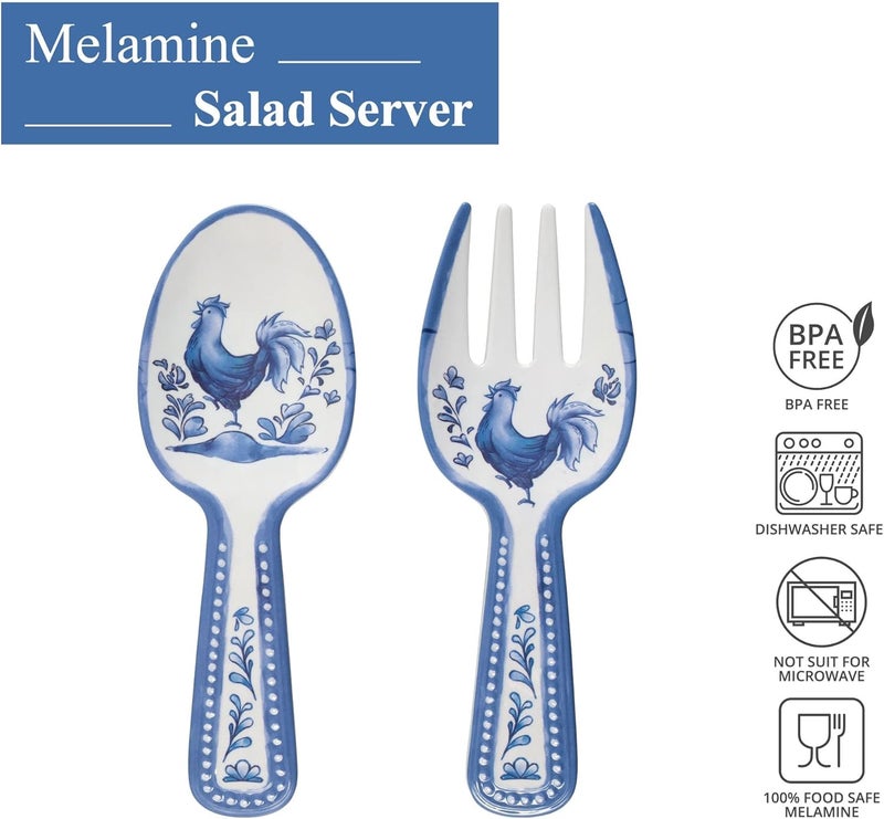UPware Blue Rooster Melamine Salad Servers Serving Utensil Set Includes Serving Fork and Spoon for Tossing Salad Pasta Blue 1075 Inch Set of 2 - Image 5