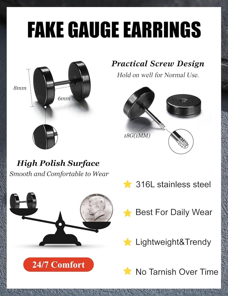 FIBO STEEL 6 Pairs Stainless Steel Black Stud Earrings for Men Women Faux Gauges Ear Tunnel Fake Gauge Earrings 3-8mm - Image 5