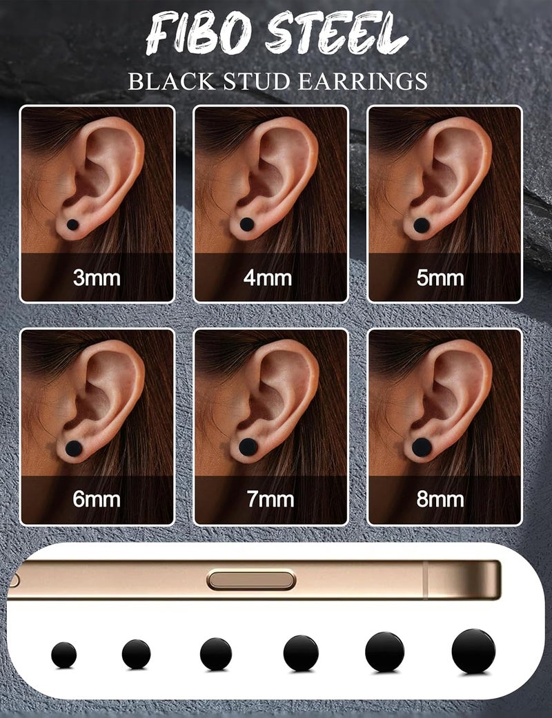 FIBO STEEL 6 Pairs Stainless Steel Black Stud Earrings for Men Women Faux Gauges Ear Tunnel Fake Gauge Earrings 3-8mm - Image 2