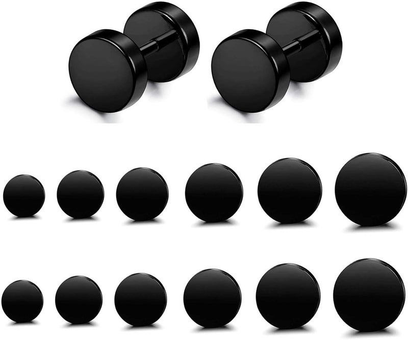 FIBO STEEL 6 Pairs Stainless Steel Black Stud Earrings for Men Women Faux Gauges Ear Tunnel Fake Gauge Earrings 3-8mm - Image 1