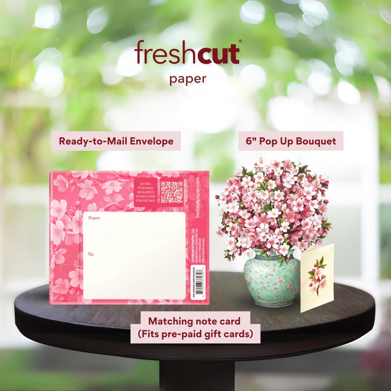 Freshcut Paper Pop Up Cards, Mini Japanese Cherry Blossoms, 6 Inch Mini Sized Forever Flower Bouquet 3D Popup Greeting Cards, Birthday Cards, Valentine's Day Card, Blank Notecard & Envelope - Image 3