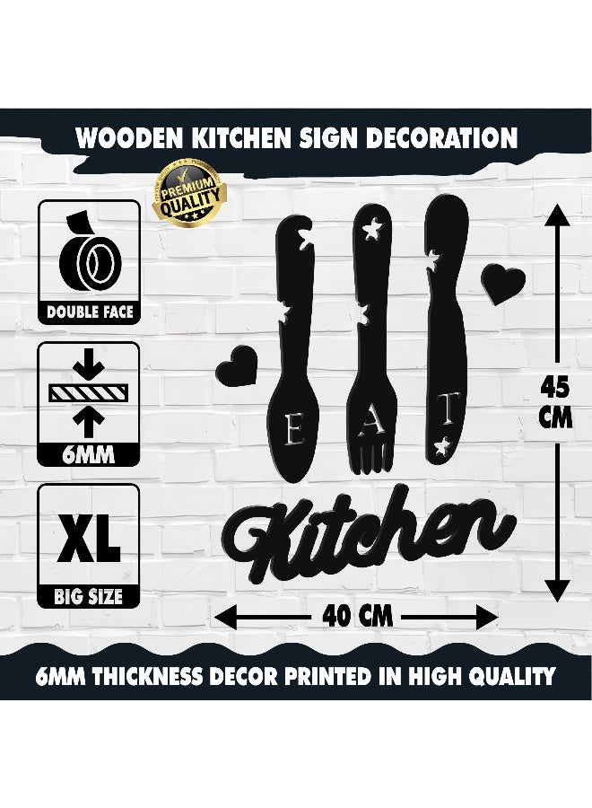 ديكور جداري خشبي عالي الجودة للمطبخ فن جداري للمطبخ بكلمة "Kitchen" مصنوع من خشب MDF الإسباني، باللون الأسود، بسماكة 6 ملم. يتميز بتصميم ثلاثي الأبعاد عصري وأنيق، مزوّد بشريط لاصق مزدوج الوجه لسهولة التركيب. جاهز للتثبيت فورًا ويمنح مطبخك لمسة فنية راقية. - Image 5
