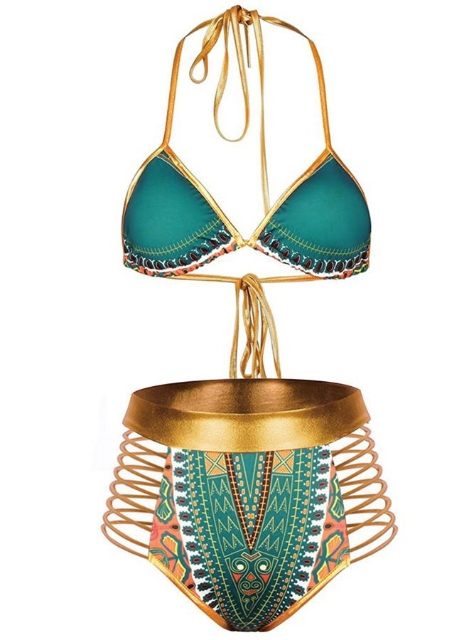 Zando Women Tribal Print Bikini African Metallic Swimsuit Two Piece Beachwear Cutout Halter Neck Bathing Suit Swimwear Green M (US Size 4-6) - Image 1