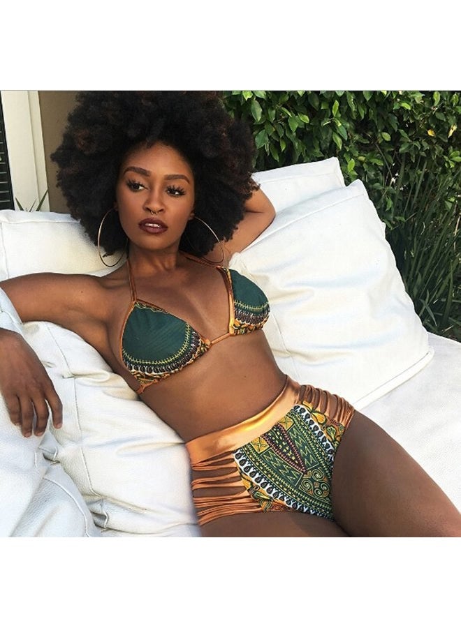 Zando Women Tribal Print Bikini African Metallic Swimsuit Two Piece Beachwear Cutout Halter Neck Bathing Suit Swimwear Green M (US Size 4-6) - Image 2