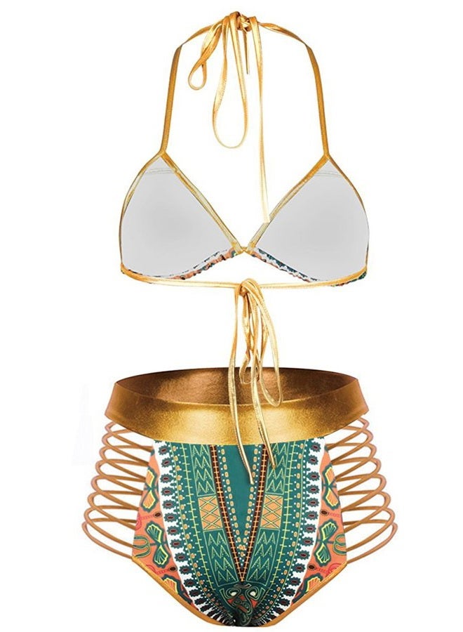 Zando Women Tribal Print Bikini African Metallic Swimsuit Two Piece Beachwear Cutout Halter Neck Bathing Suit Swimwear Green M (US Size 4-6) - Image 3