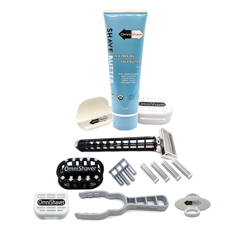 OmniShaver Deluxe Omnishaver Kit The Fastest Way to Shave Head Legs Arms Body An Alternative to Disposable Shaving Razors Self Cleans Strops During Use with Shave Butter Replacement Cartridges Black