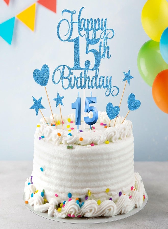Lecferrarc 15th Birthday Cake Decorations, 15th Birthday Candles Cake Numeral Candles and Glitter Happy 15th Birthday Cake Toppers Set for Birthday Party Supplies (Blue) - Image 3