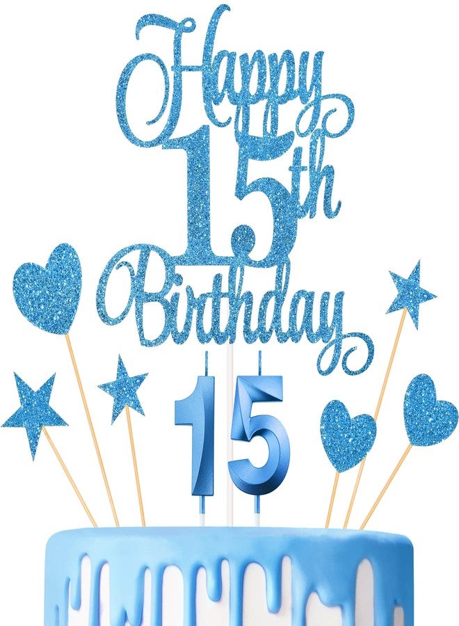 Lecferrarc 15th Birthday Cake Decorations, 15th Birthday Candles Cake Numeral Candles and Glitter Happy 15th Birthday Cake Toppers Set for Birthday Party Supplies (Blue) - Image 1