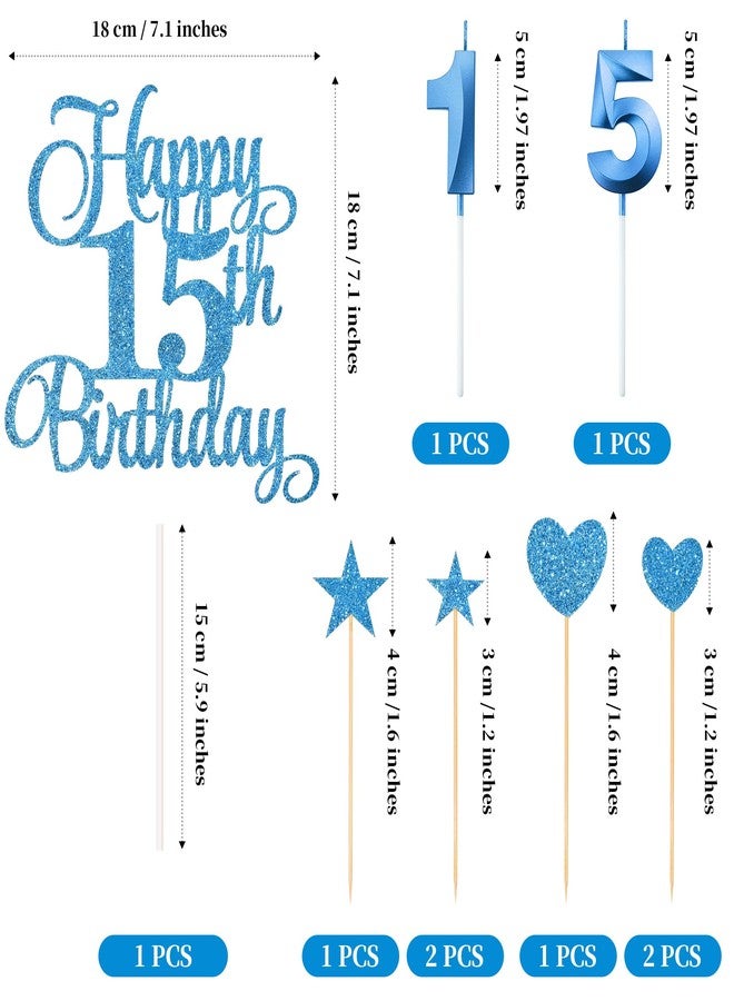 Lecferrarc 15th Birthday Cake Decorations, 15th Birthday Candles Cake Numeral Candles and Glitter Happy 15th Birthday Cake Toppers Set for Birthday Party Supplies (Blue) - Image 2